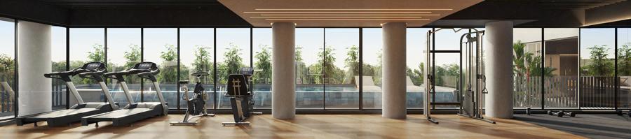 Academia com vista para a piscina